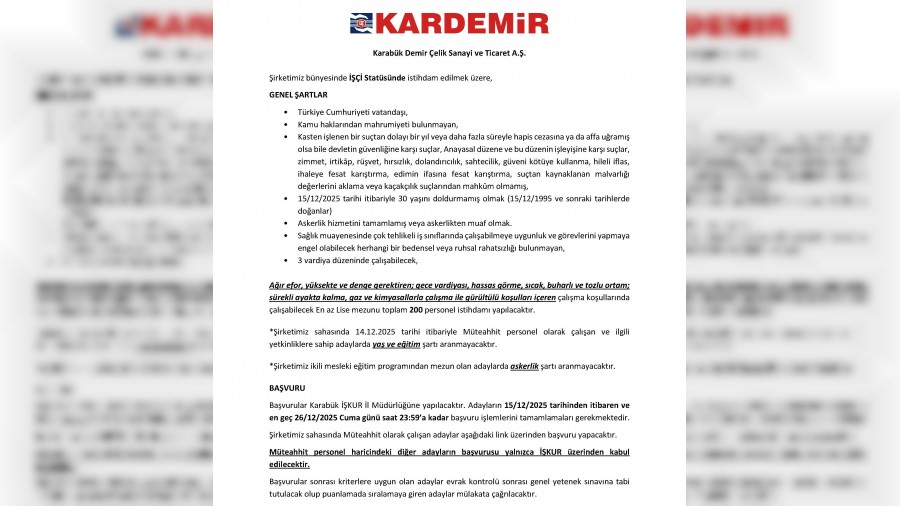 Kardemir Lise Mezunu 200 yeni personel alacak
