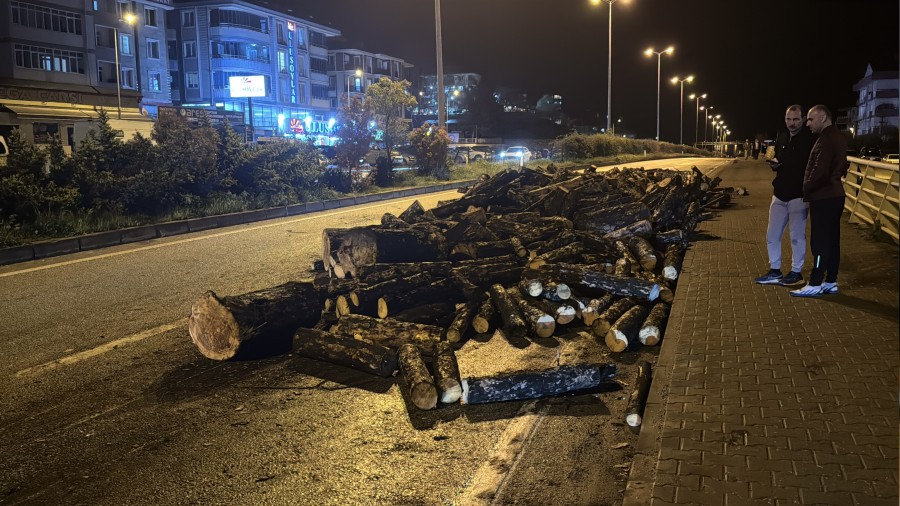 Seyir halindeki kamyonun damperi aniden kalkt�, odunlar yola d�k�ld�