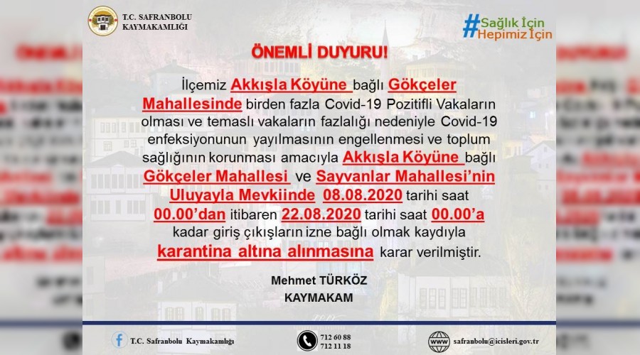 Safranboluda kyn 2 mahallesinde karantina uygulamas balatld