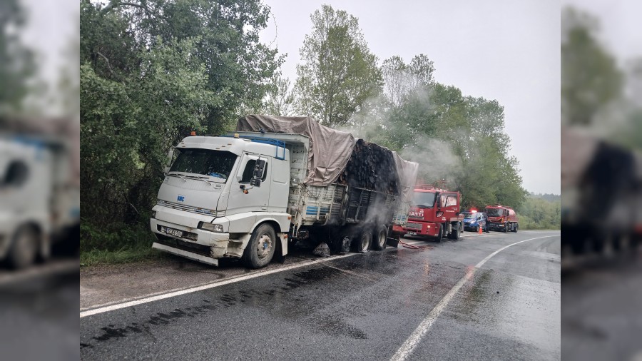 Odun y�kl� kamyon seyir halindeyken alev ald�